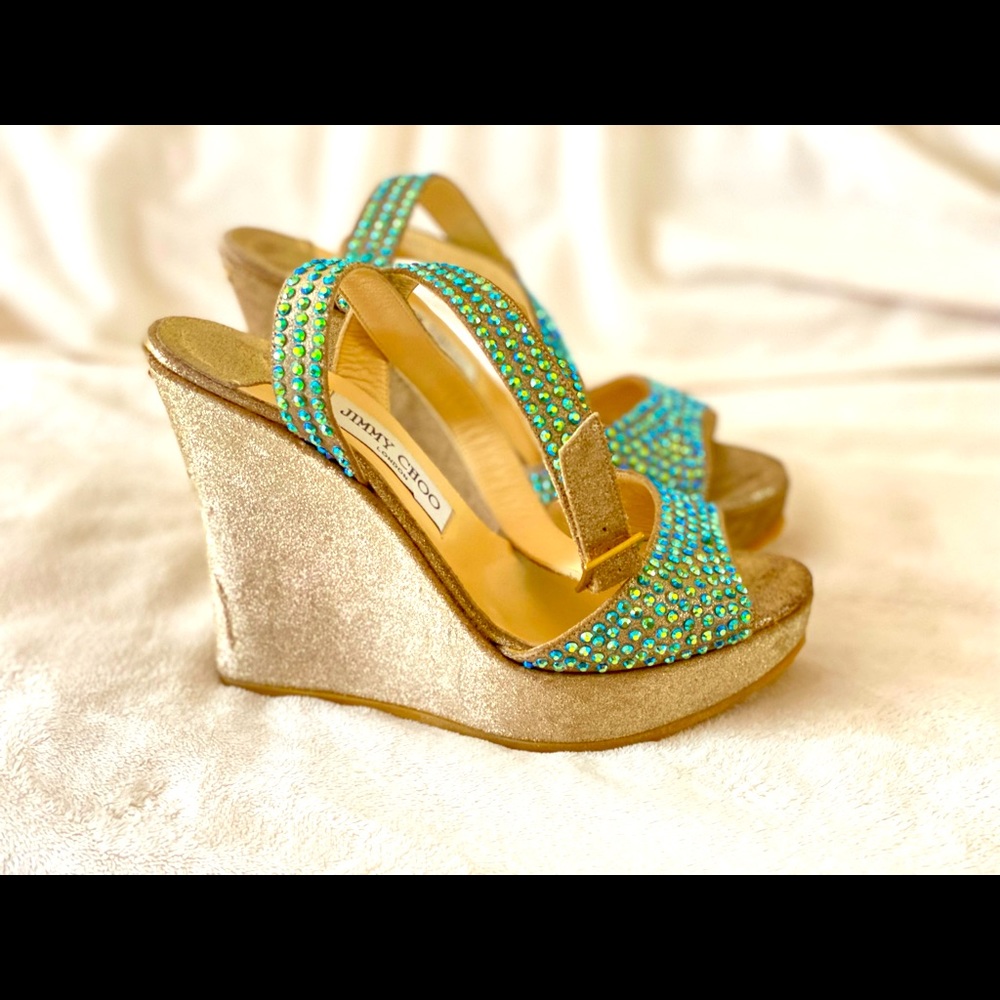 If Mermaids had feet: Jimmy Choo gold platform wedges with Swarovski crystals